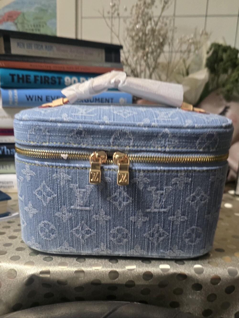 Remixed Light Wash Denim Monogram Vanity Case with Gold Hardware Zip Around